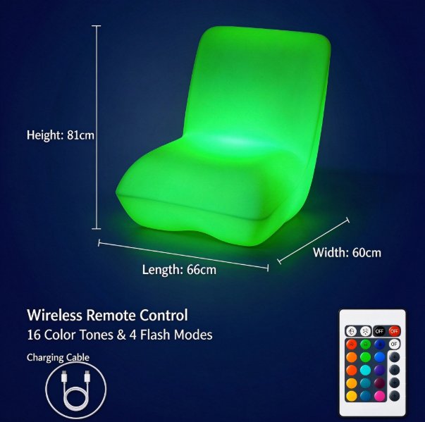Green LED Lounge Chair Specification Green LED rotomolded chair with backrest, 66x60x81cm, wireless remote control, 16 colors.